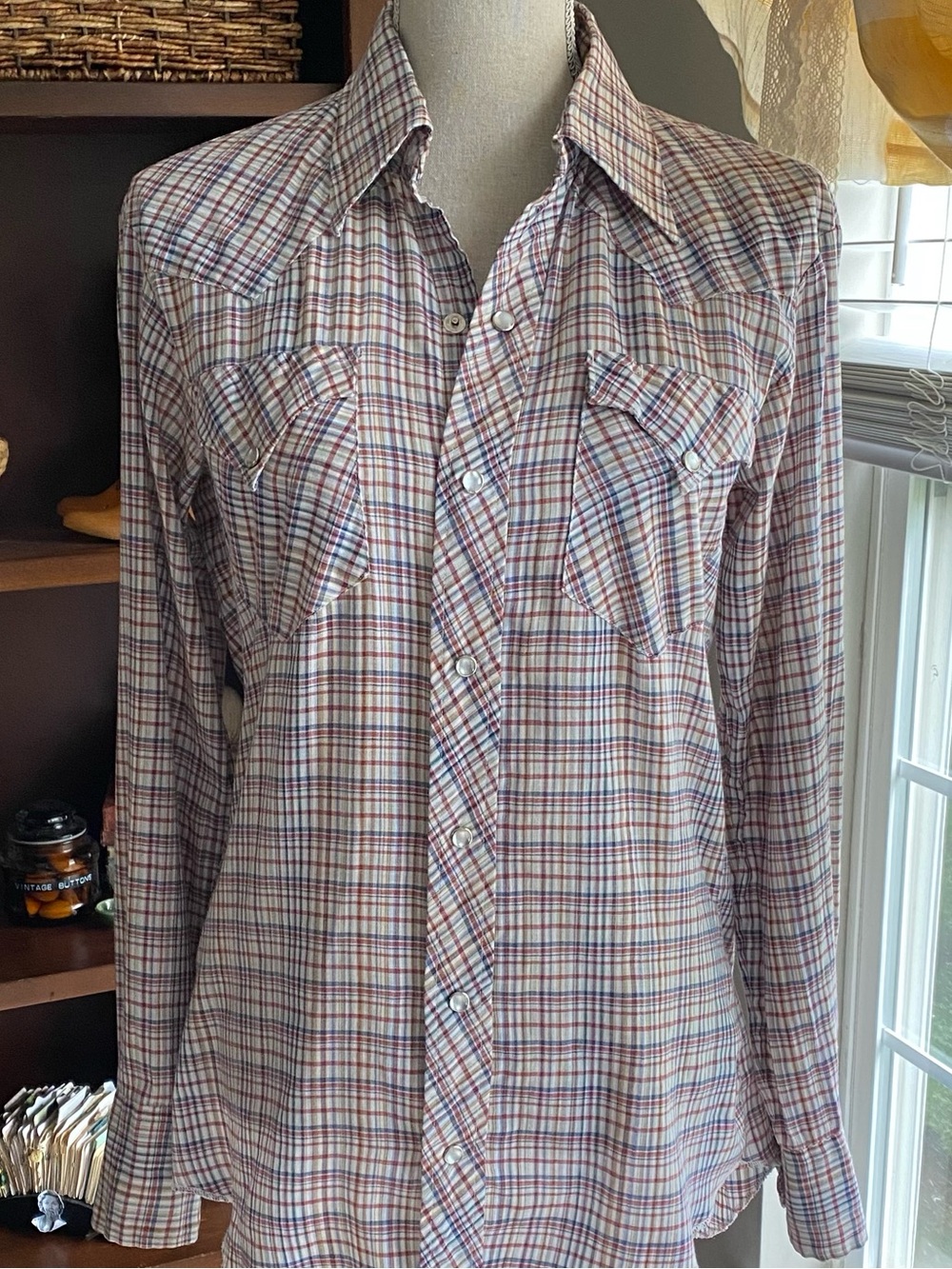 Vintage H Bar C Ranchware 1980’s Plaid Button-Up Shirt in Cream, Red & Blue. EUC